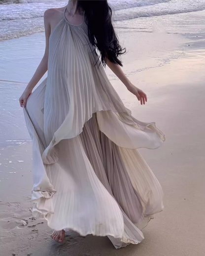 French Tea Dress Pressed Pleat Soft Fabric Flowy Tulle Layered Backless Halter Long Dress AP1293