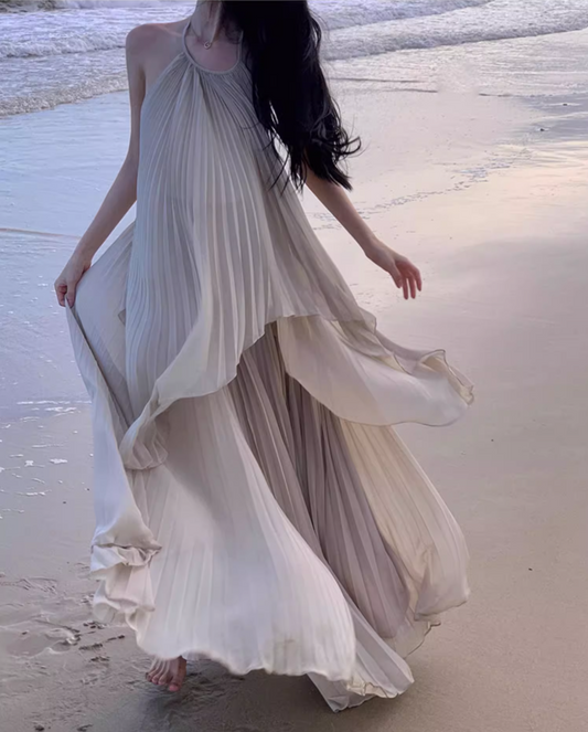 French Tea Dress Pressed Pleat Soft Fabric Flowy Tulle Layered Backless Halter Long Dress AP1293