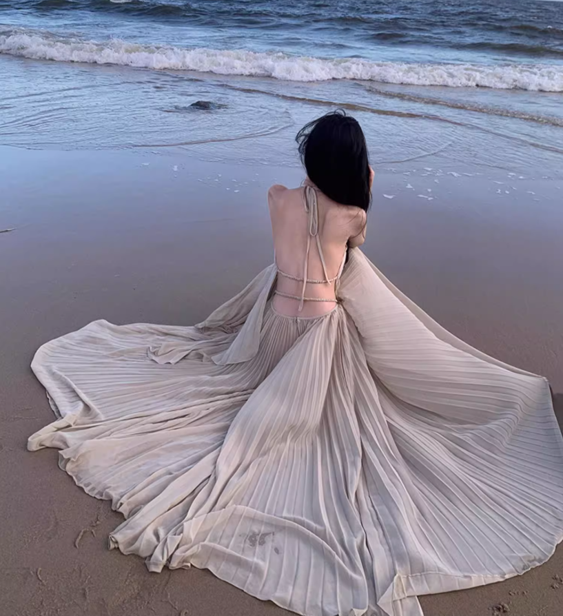 French Tea Dress Pressed Pleat Soft Fabric Flowy Tulle Layered Backless Halter Long Dress AP1293