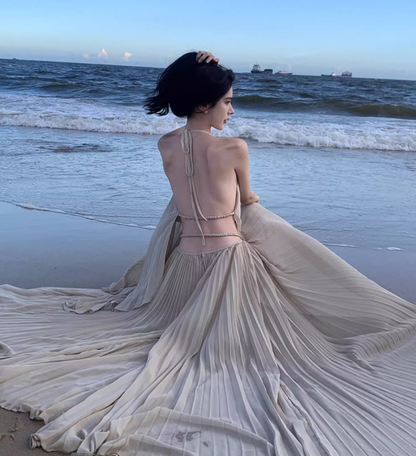 French Tea Dress Pressed Pleat Soft Fabric Flowy Tulle Layered Backless Halter Long Dress AP1293