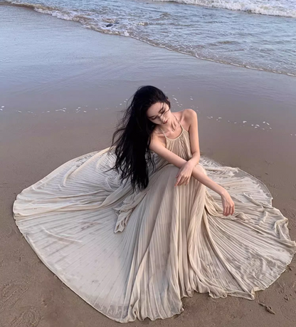 French Tea Dress Pressed Pleat Soft Fabric Flowy Tulle Layered Backless Halter Long Dress AP1293