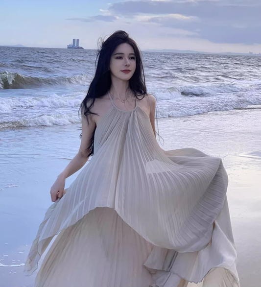 French Tea Dress Pressed Pleat Soft Fabric Flowy Tulle Layered Backless Halter Long Dress AP1293