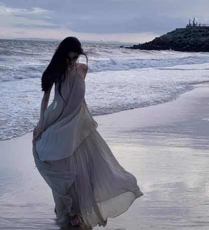 French Tea Dress Pressed Pleat Soft Fabric Flowy Tulle Layered Backless Halter Long Dress AP1293