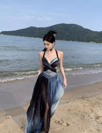 Edgy Coastal Shoots Flowy High Slit Maxi Dress Gradient Mesh Backless Halter Long Dress AP1294