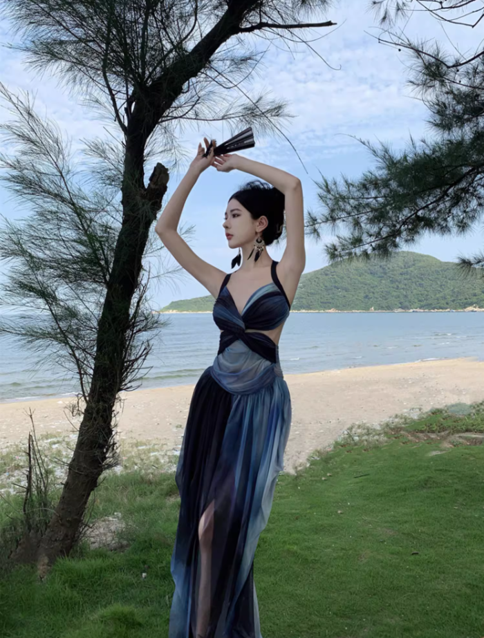 Edgy Coastal Shoots Flowy High Slit Maxi Dress Gradient Mesh Backless Halter Long Dress AP1294