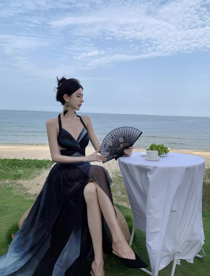 Edgy Coastal Shoots Flowy High Slit Maxi Dress Gradient Mesh Backless Halter Long Dress AP1294