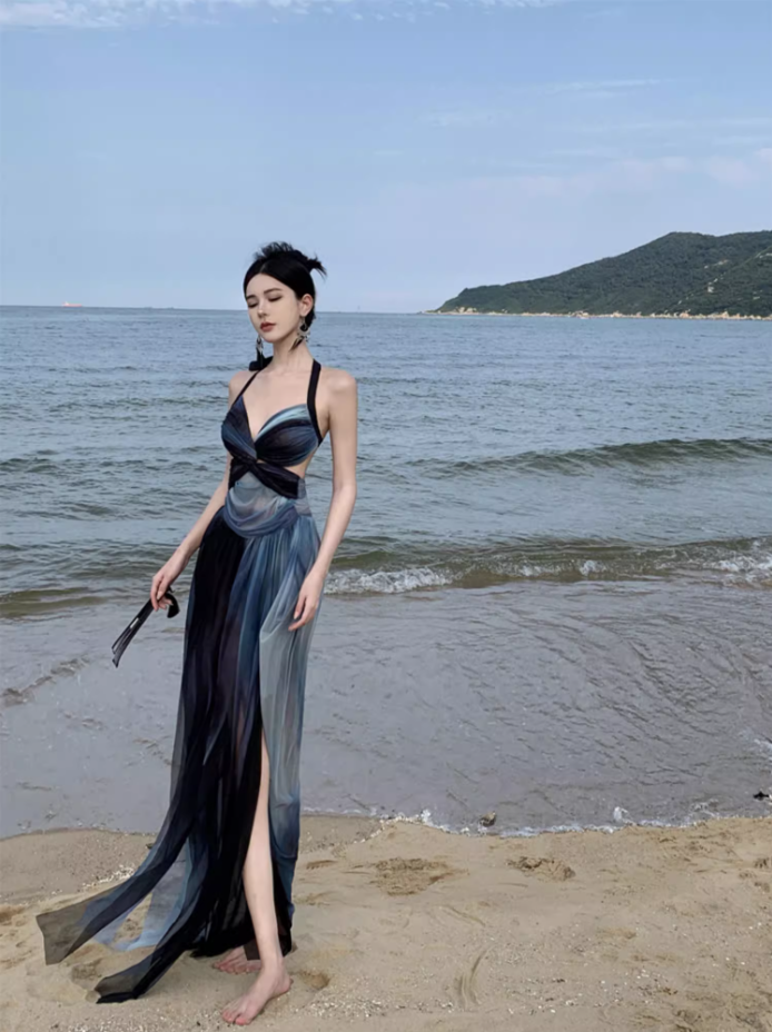 Edgy Coastal Shoots Flowy High Slit Maxi Dress Gradient Mesh Backless Halter Long Dress AP1294