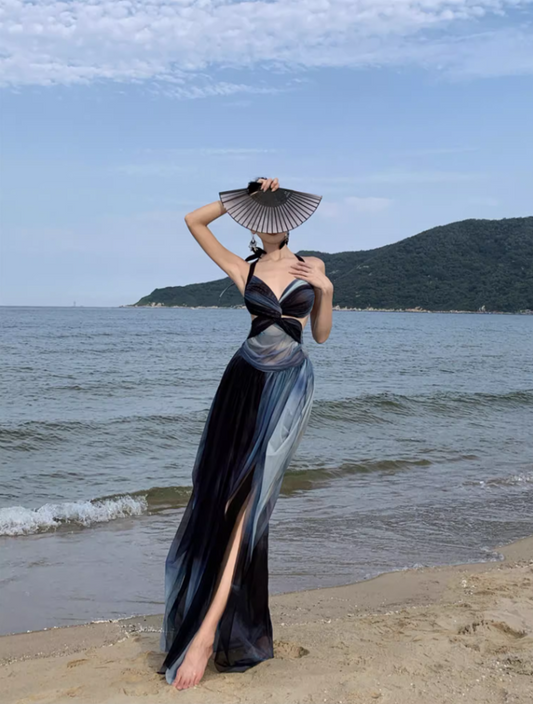 Edgy Coastal Shoots Flowy High Slit Maxi Dress Gradient Mesh Backless Halter Long Dress AP1294