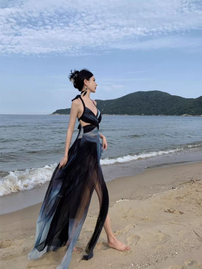 Edgy Coastal Shoots Flowy High Slit Maxi Dress Gradient Mesh Backless Halter Long Dress AP1294