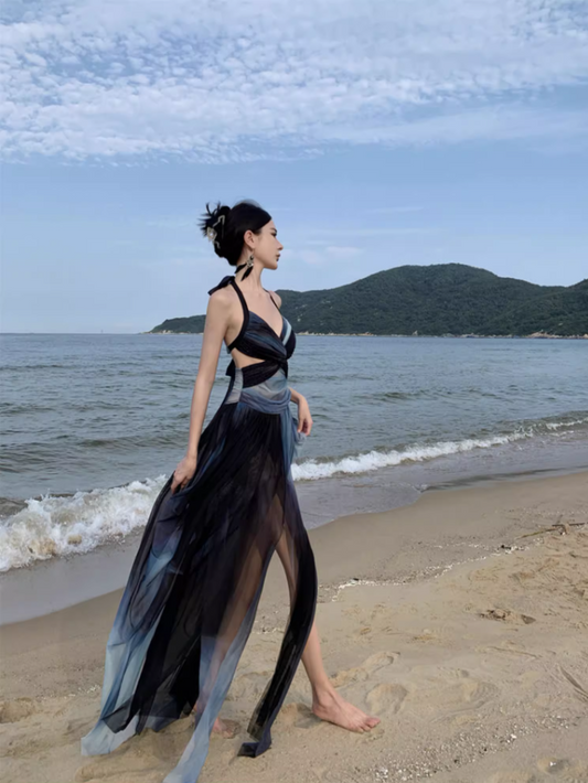 Edgy Coastal Shoots Flowy High Slit Maxi Dress Gradient Mesh Backless Halter Long Dress AP1294