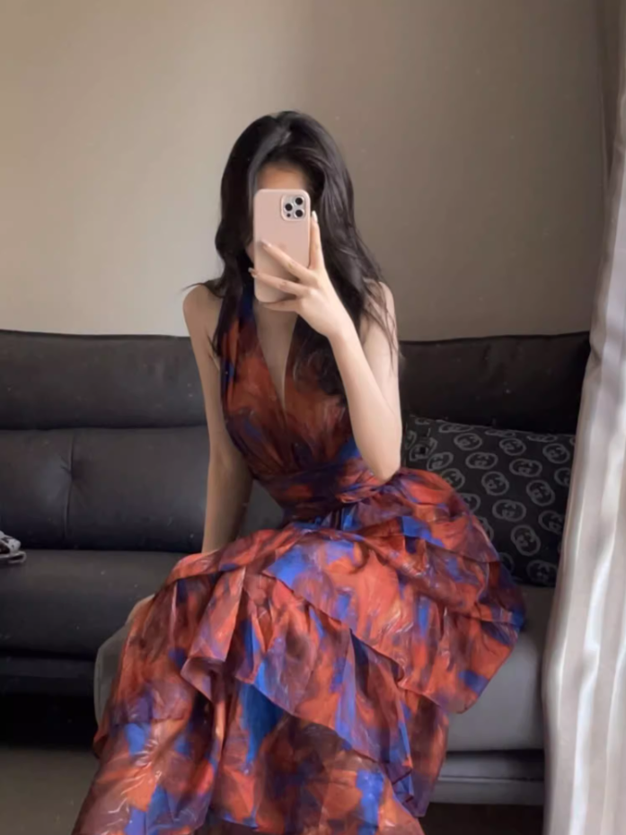 Chic Blue & Red Printed Tiered Ruffle Maxi Dress Charming Deep V-Neck Halter Long Dress AP1295