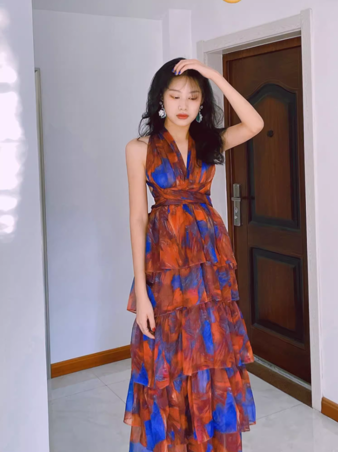 Chic Blue & Red Printed Tiered Ruffle Maxi Dress Charming Deep V-Neck Halter Long Dress AP1295