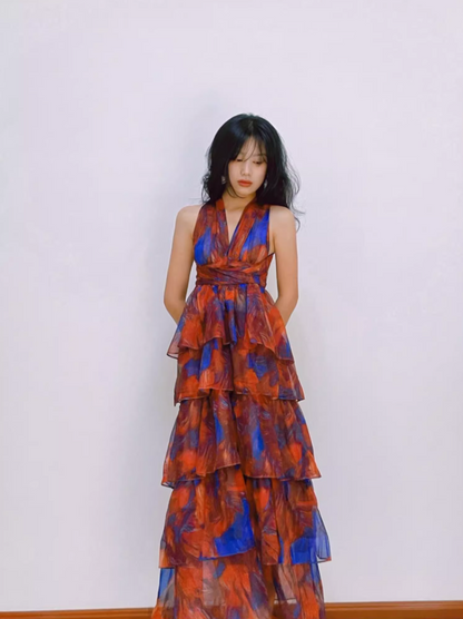 Chic Blue & Red Printed Tiered Ruffle Maxi Dress Charming Deep V-Neck Halter Long Dress AP1295
