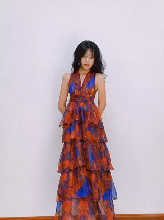 Chic Blue & Red Printed Tiered Ruffle Maxi Dress Charming Deep V-Neck Halter Long Dress AP1295