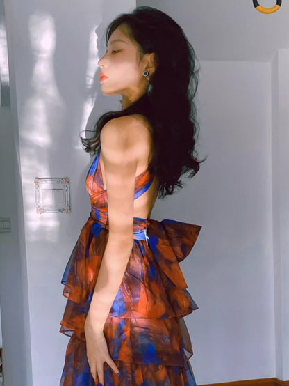 Chic Blue & Red Printed Tiered Ruffle Maxi Dress Charming Deep V-Neck Halter Long Dress AP1295