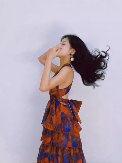 Chic Blue & Red Printed Tiered Ruffle Maxi Dress Charming Deep V-Neck Halter Long Dress AP1295