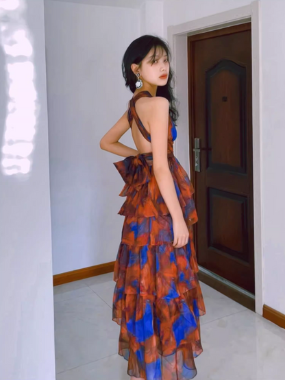 Chic Blue & Red Printed Tiered Ruffle Maxi Dress Charming Deep V-Neck Halter Long Dress AP1295