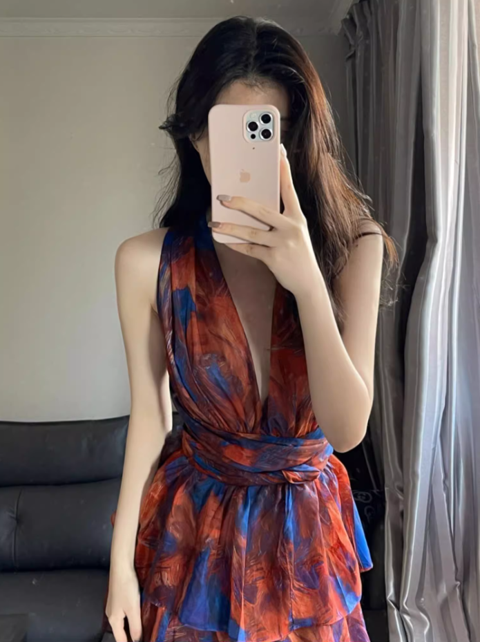 Chic Blue & Red Printed Tiered Ruffle Maxi Dress Charming Deep V-Neck Halter Long Dress AP1295