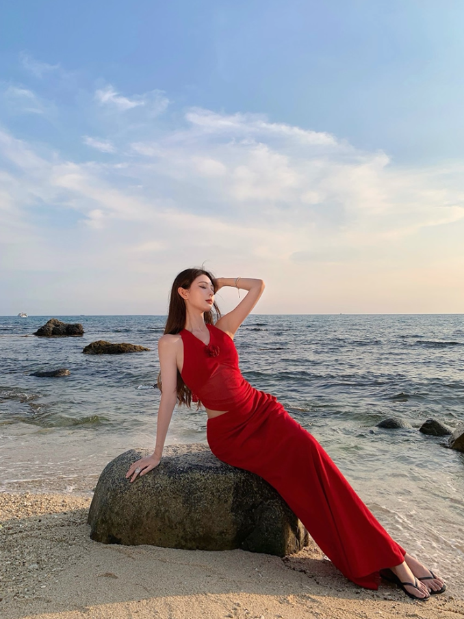 Sexy Floral Design Open-Waist Maxi Dress Gen Z Hot Girls V-Neck Red Halter Long Dress AP1296