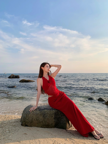 Sexy Floral Design Open-Waist Maxi Dress Gen Z Hot Girls V-Neck Red Halter Long Dress AP1296