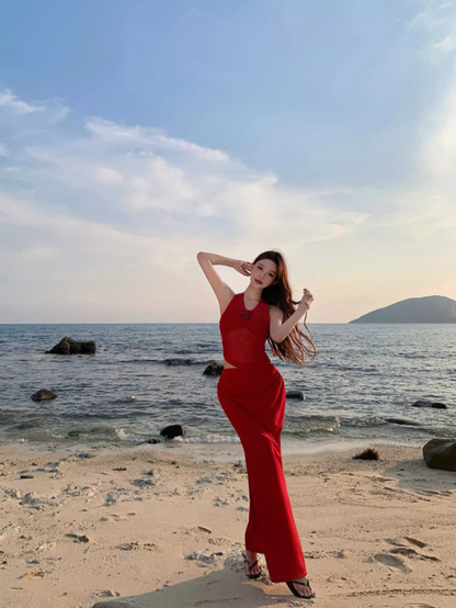 Sexy Floral Design Open-Waist Maxi Dress Gen Z Hot Girls V-Neck Red Halter Long Dress AP1296