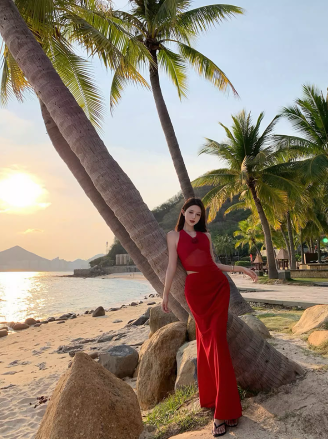 Sexy Floral Design Open-Waist Maxi Dress Gen Z Hot Girls V-Neck Red Halter Long Dress AP1296