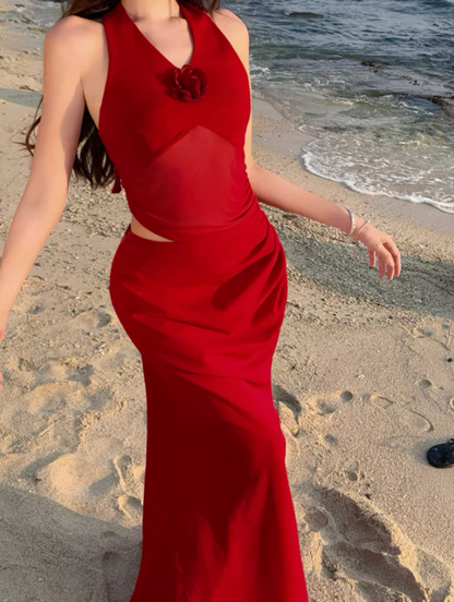 Sexy Floral Design Open-Waist Maxi Dress Gen Z Hot Girls V-Neck Red Halter Long Dress AP1296