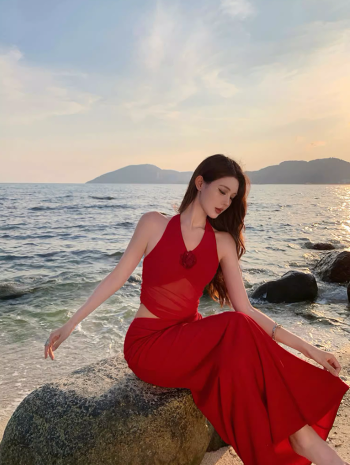 Sexy Floral Design Open-Waist Maxi Dress Gen Z Hot Girls V-Neck Red Halter Long Dress AP1296