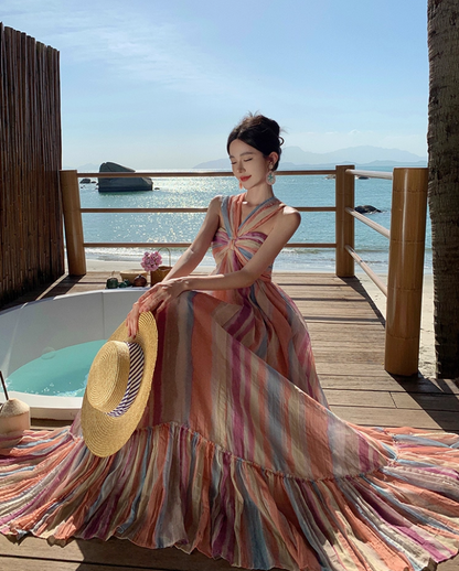 Dopamine Colorful Striped Flowy Maxi Dress Sunny Beaches Twist Front Halter Long Dress AP1297