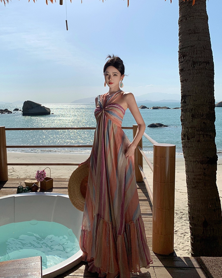 Dopamine Colorful Striped Flowy Maxi Dress Sunny Beaches Twist Front Halter Long Dress AP1297