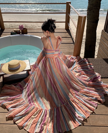 Dopamine Colorful Striped Flowy Maxi Dress Sunny Beaches Twist Front Halter Long Dress AP1297