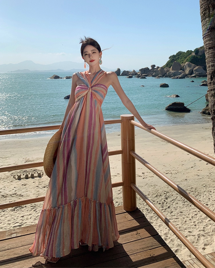 Dopamine Colorful Striped Flowy Maxi Dress Sunny Beaches Twist Front Halter Long Dress AP1297