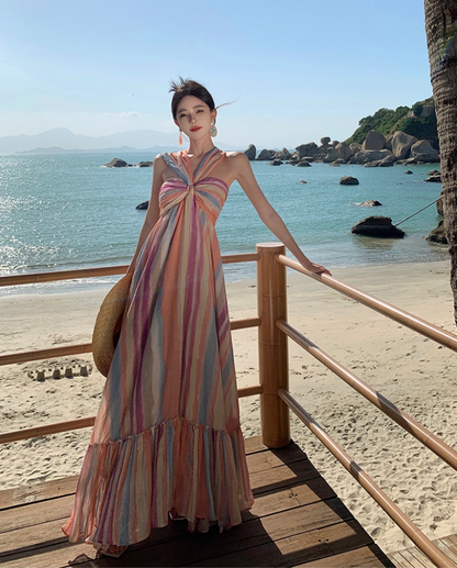 Dopamine Colorful Striped Flowy Maxi Dress Sunny Beaches Twist Front Halter Long Dress AP1297