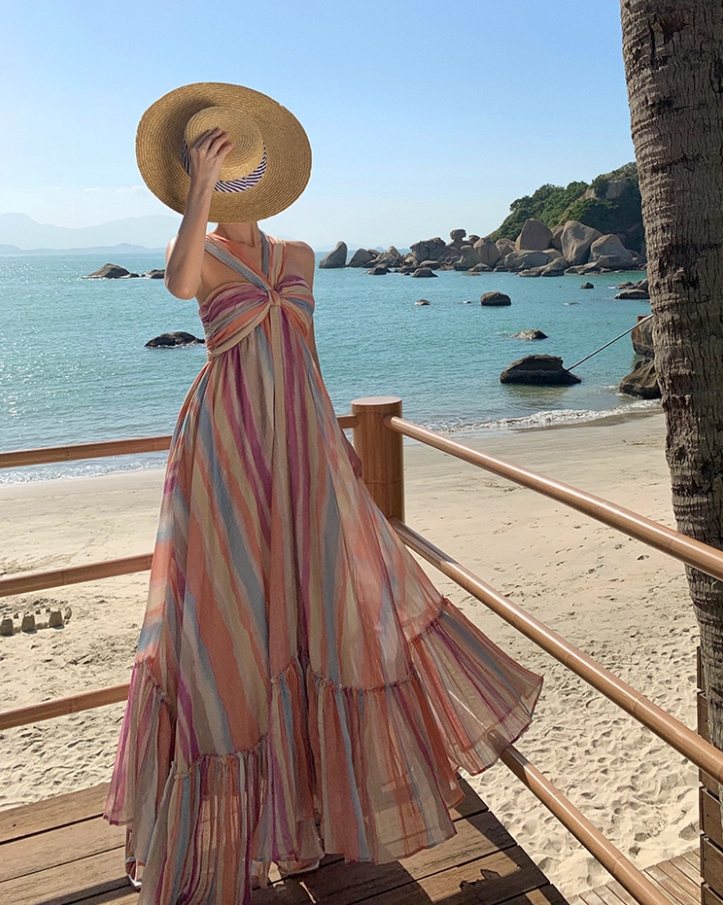 Dopamine Colorful Striped Flowy Maxi Dress Sunny Beaches Twist Front Halter Long Dress AP1297