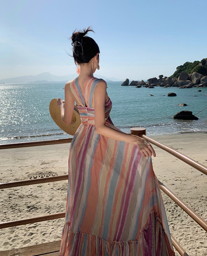 Dopamine Colorful Striped Flowy Maxi Dress Sunny Beaches Twist Front Halter Long Dress AP1297