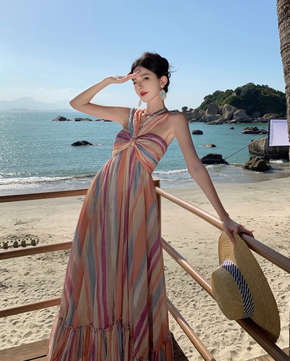 Dopamine Colorful Striped Flowy Maxi Dress Sunny Beaches Twist Front Halter Long Dress AP1297