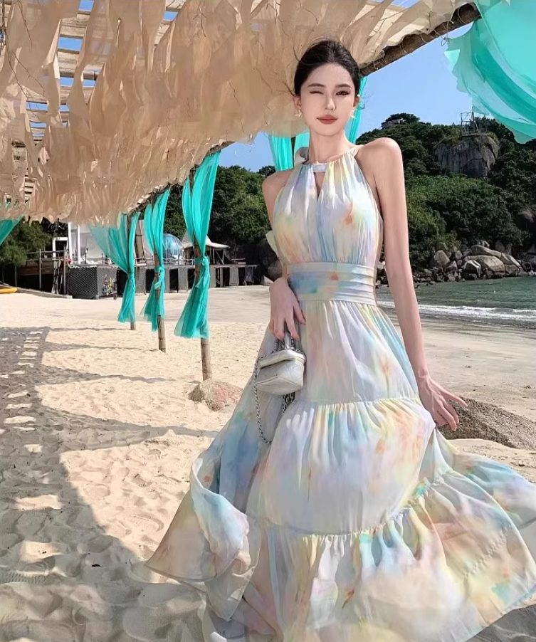 Dopamine Impressionist Oil Painting Print Flowy Maxi Dress Sunny Beaches Halter Tie Long Dress AP1298