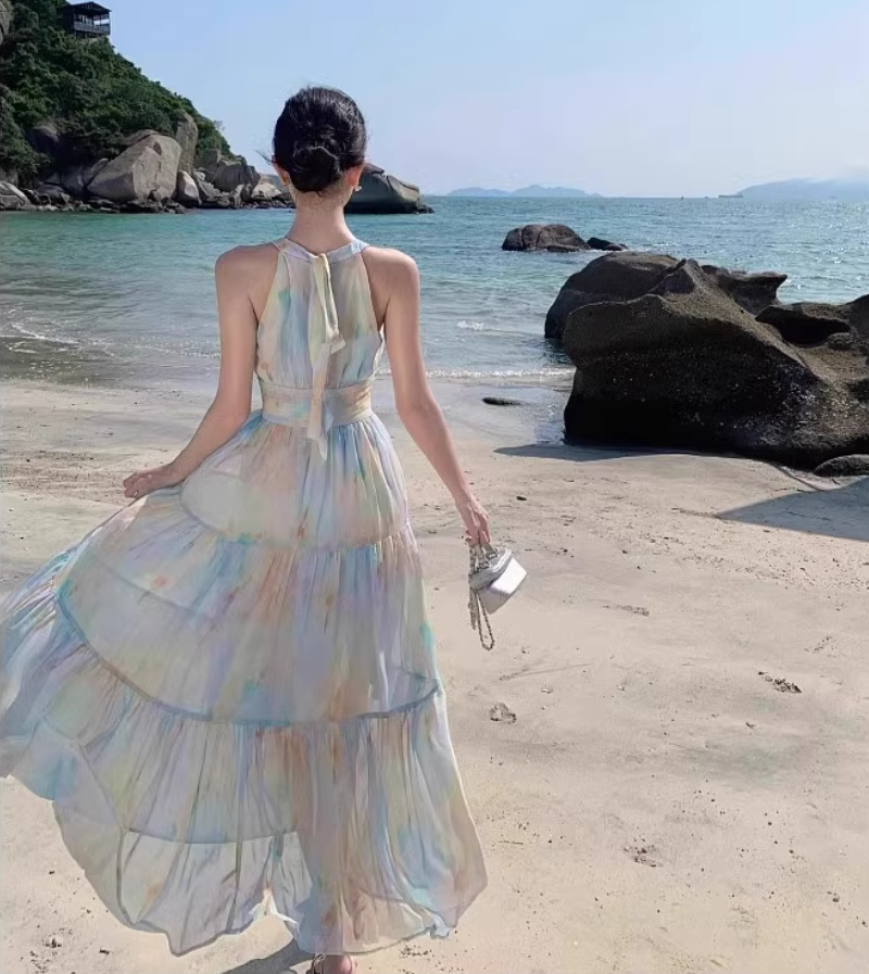 Dopamine Impressionist Oil Painting Print Flowy Maxi Dress Sunny Beaches Halter Tie Long Dress AP1298