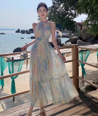 Dopamine Impressionist Oil Painting Print Flowy Maxi Dress Sunny Beaches Halter Tie Long Dress AP1298