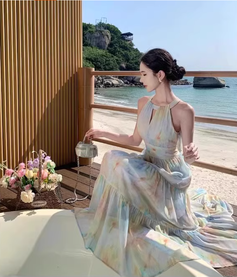 Dopamine Impressionist Oil Painting Print Flowy Maxi Dress Sunny Beaches Halter Tie Long Dress AP1298