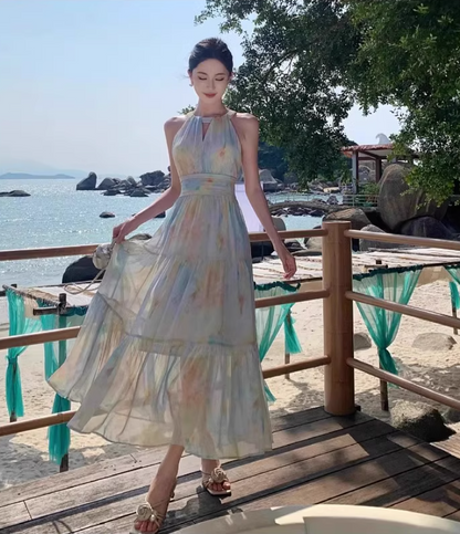 Dopamine Impressionist Oil Painting Print Flowy Maxi Dress Sunny Beaches Halter Tie Long Dress AP1298