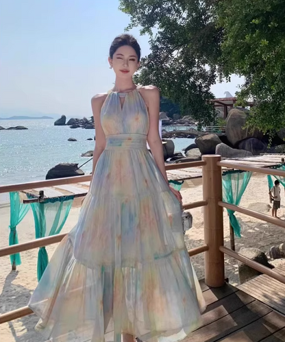 Dopamine Impressionist Oil Painting Print Flowy Maxi Dress Sunny Beaches Halter Tie Long Dress AP1298
