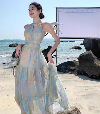 Dopamine Impressionist Oil Painting Print Flowy Maxi Dress Sunny Beaches Halter Tie Long Dress AP1298