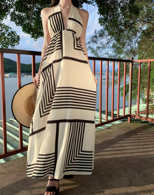 Novelty Geometric Striped Print Flowy Maxi Dress Coastal Trips Loose Style Halter Long Dress AP1299