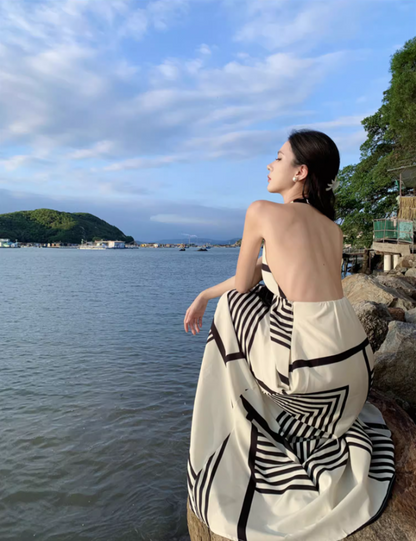 Novelty Geometric Striped Print Flowy Maxi Dress Coastal Trips Loose Style Halter Long Dress AP1299