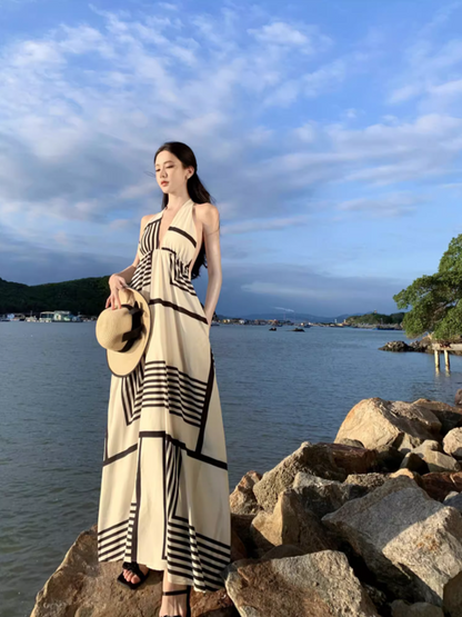 Novelty Geometric Striped Print Flowy Maxi Dress Coastal Trips Loose Style Halter Long Dress AP1299