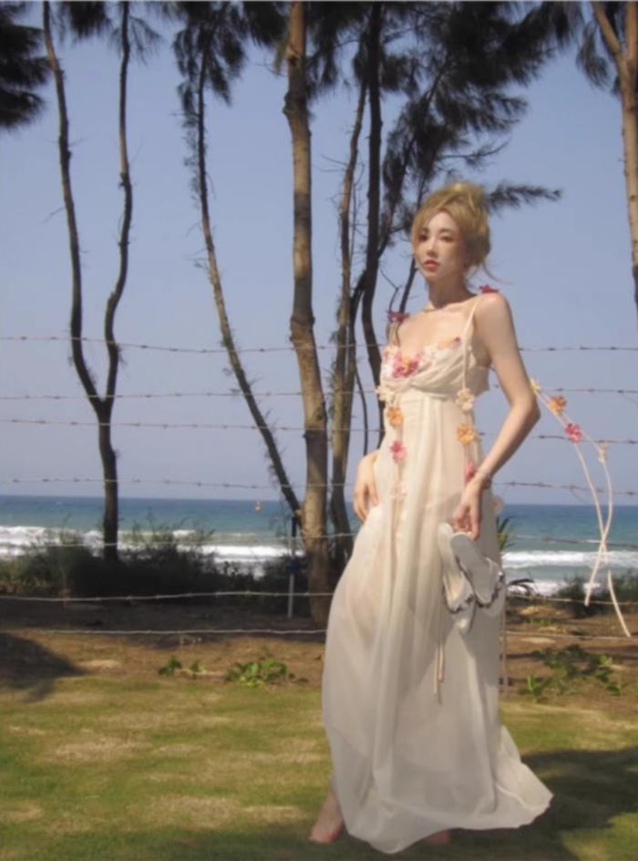 French-Inspired Floral Ornament Maxi Dress Charming Flowy Tulle Overlay Spaghetti Strap Long Dress AP1300