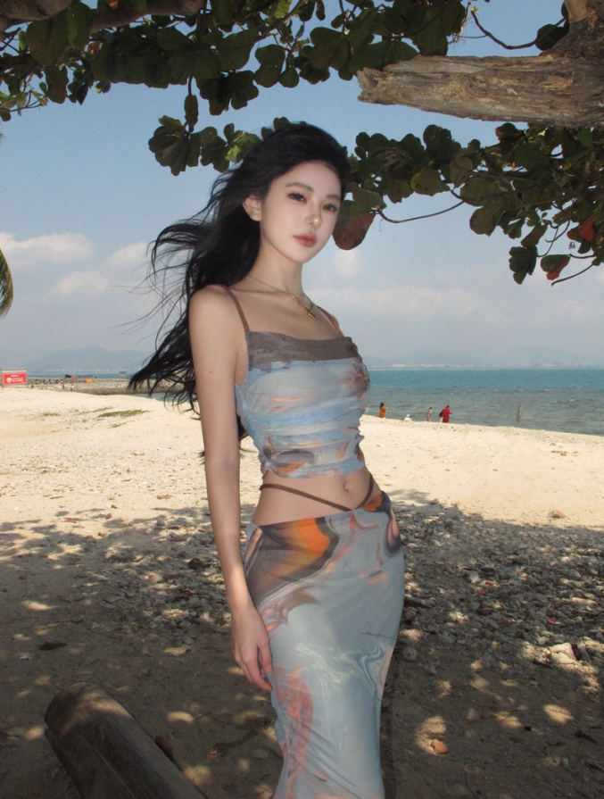 Retro Blue Tie-Dye Set Blue Crop Top Charming Maxi Skirt Two-Piece Sheath Spaghetti Strap Long Dress AP1301