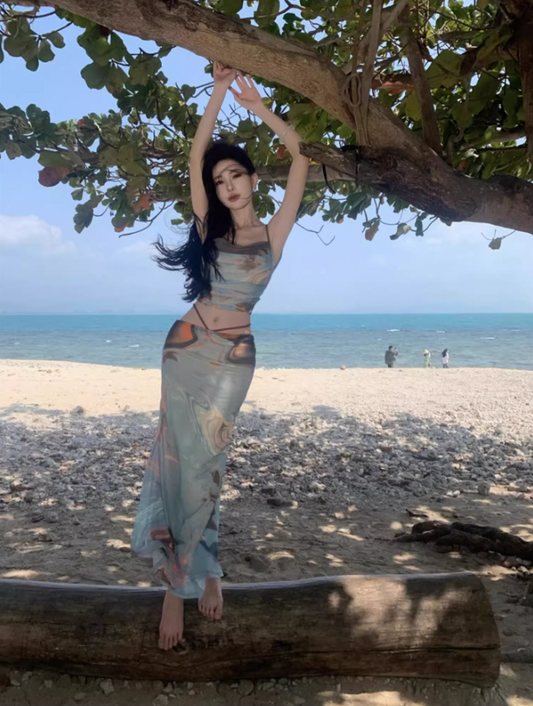 Retro Blue Tie-Dye Set Blue Crop Top Charming Maxi Skirt Two-Piece Sheath Spaghetti Strap Long Dress AP1301