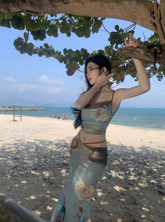 Retro Blue Tie-Dye Set Blue Crop Top Charming Maxi Skirt Two-Piece Sheath Spaghetti Strap Long Dress AP1301